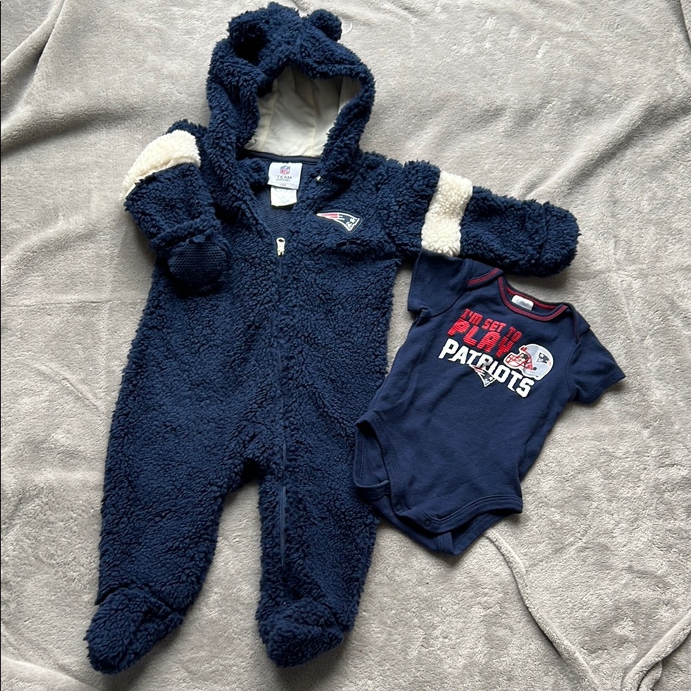 Patriots fleece snowsuit and onesie